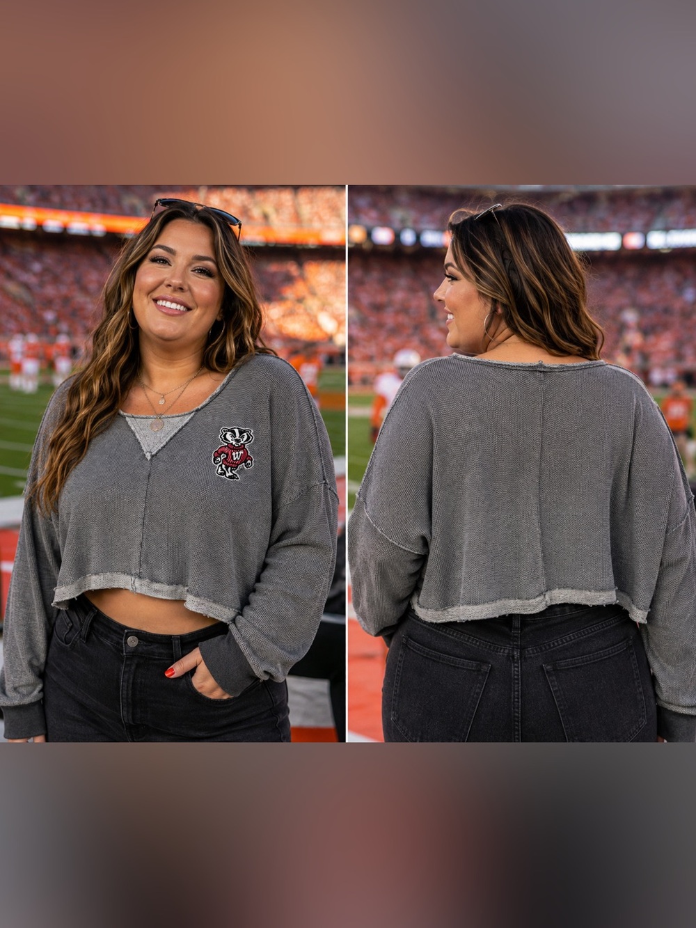 Colosseum Gray Cropped Raw-Hem Sweatshirt with Red Mascot Patch